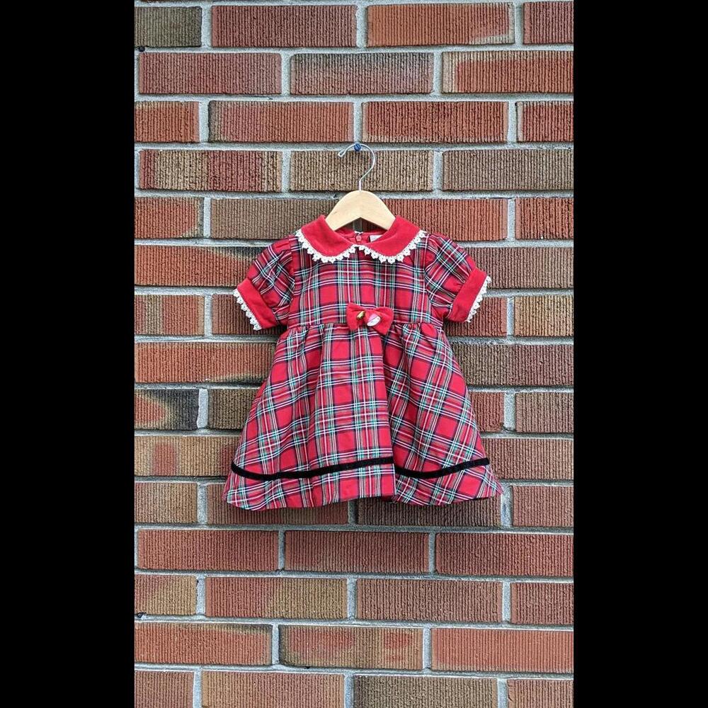 12M Vintage Baby Girl Christmas Dress, Teddy's Choice, Red Plaid